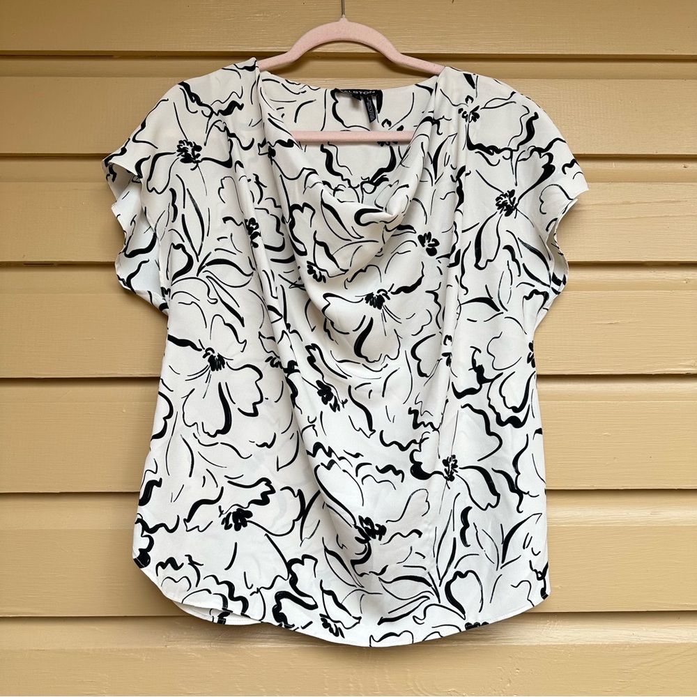 Halston Black White Floral Cowl Neck Top Blouse Size Medium M Artsy Artistic